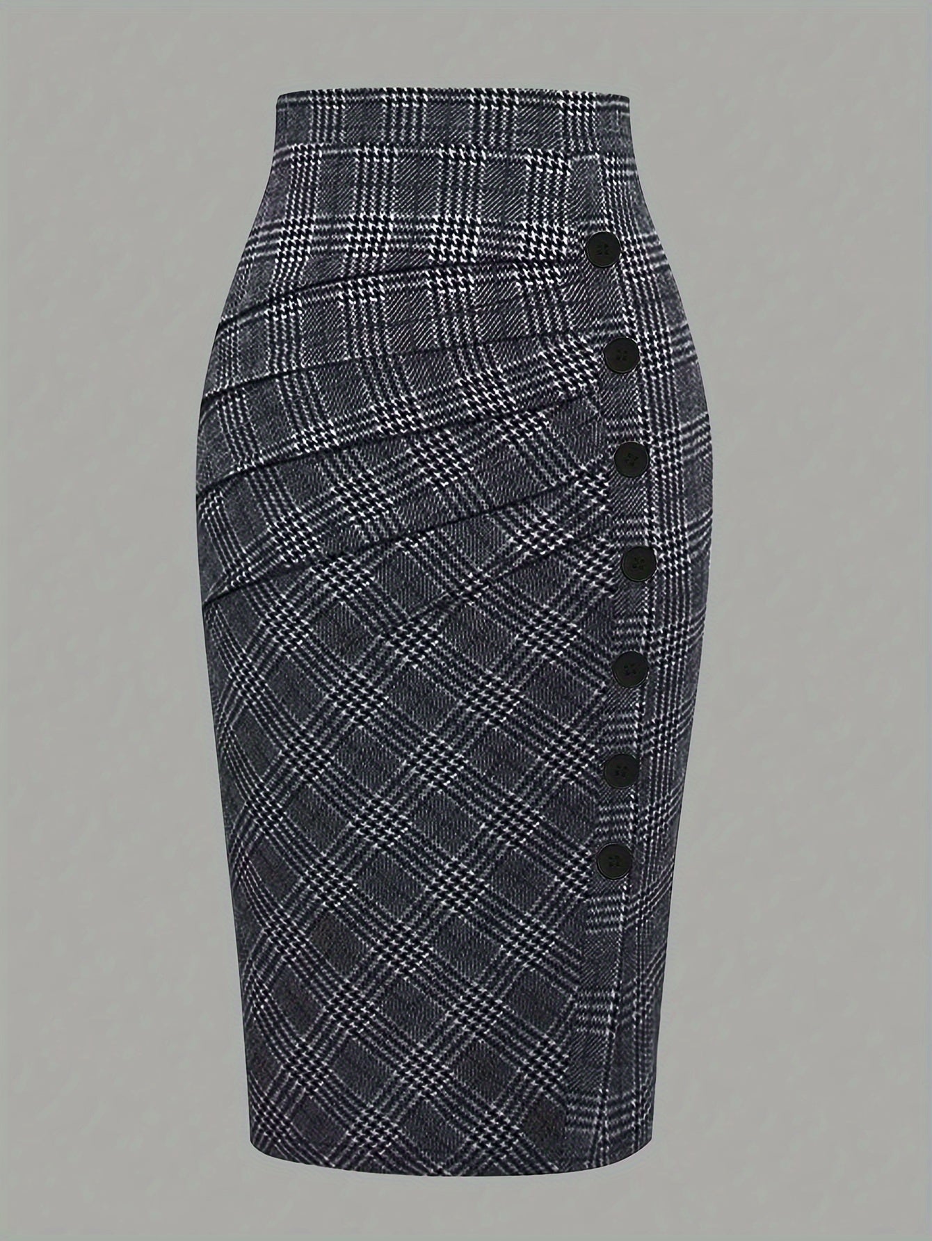 Elegant Plaid Pencil Skirt - Women's Polyester Blend High-Waisted Skirt with Button Detail, Woven Fabric, Spring/Fall Collection
