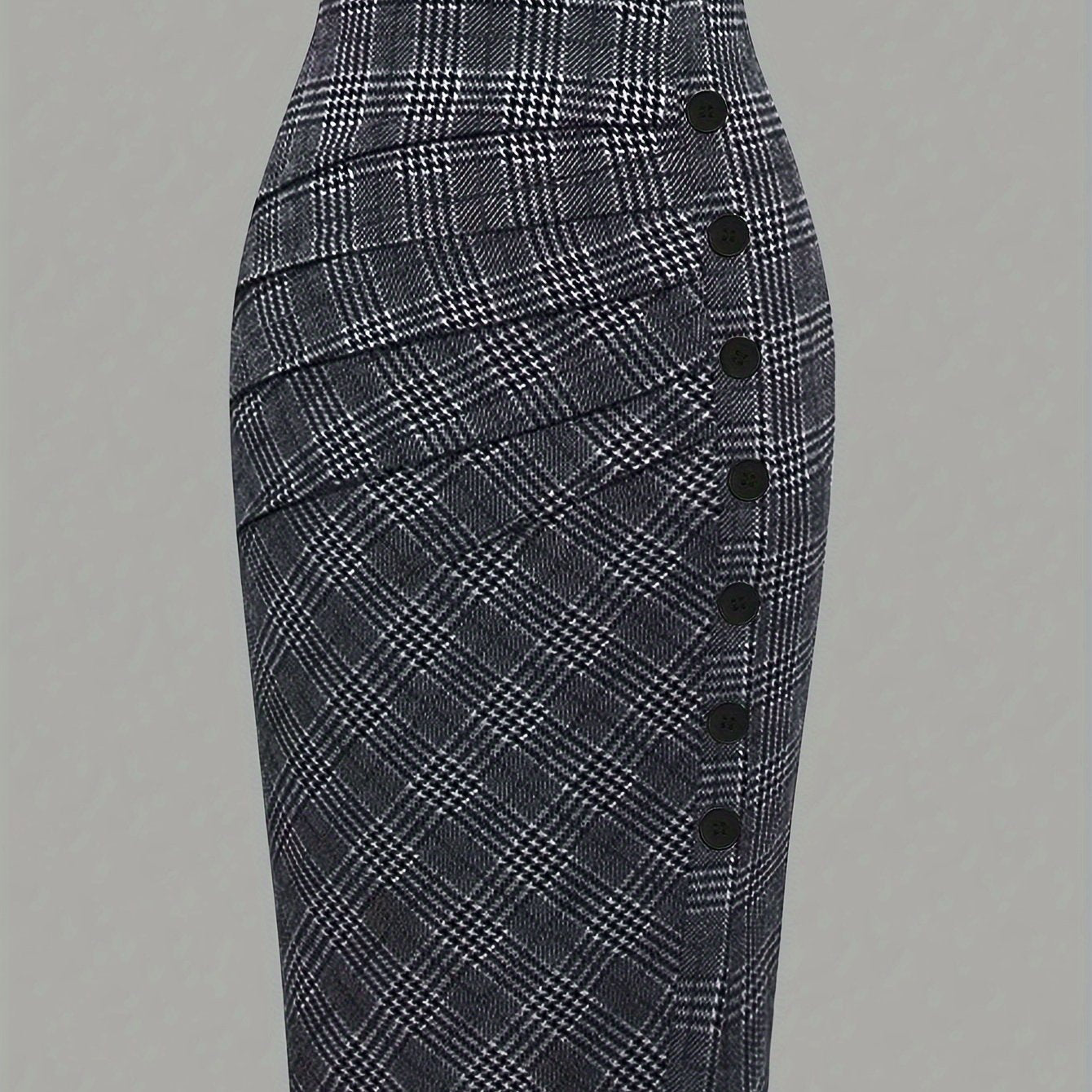 Elegant Plaid Pencil Skirt - Women's Polyester Blend High-Waisted Skirt with Button Detail, Woven Fabric, Spring/Fall Collection