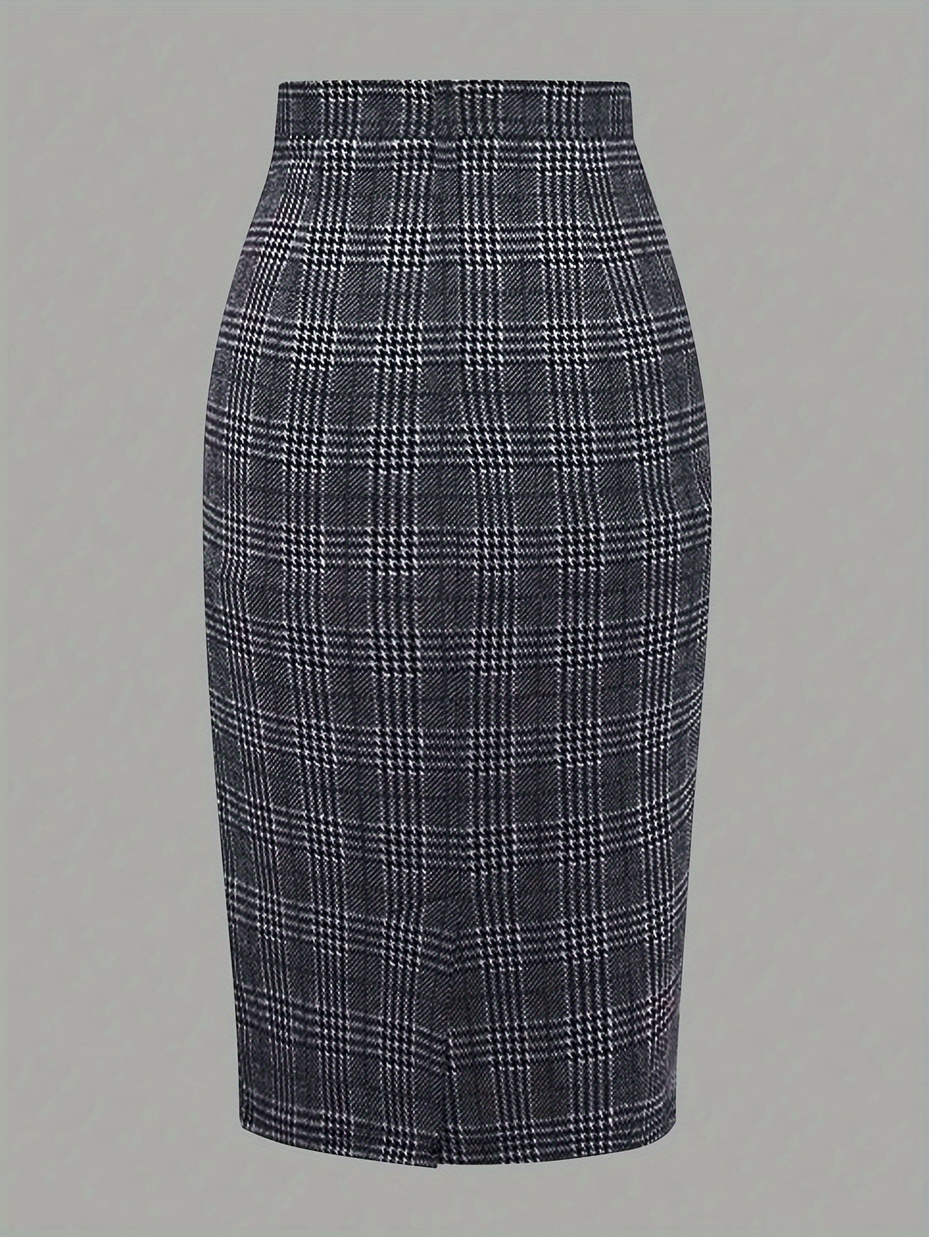 Elegant Plaid Pencil Skirt - Women's Polyester Blend High-Waisted Skirt with Button Detail, Woven Fabric, Spring/Fall Collection