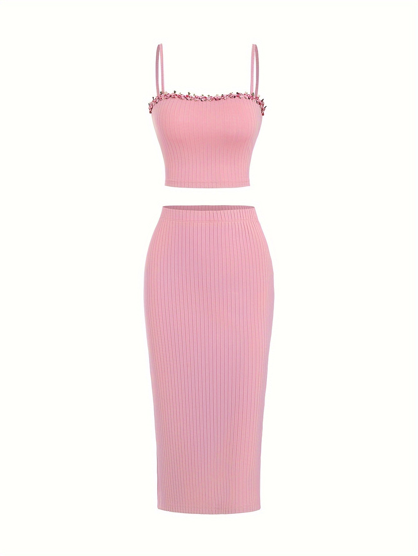 European and American Fashion Women's Spring and Summer New Product Embroidered Lace Strap Tank Top and Split Skirt Set