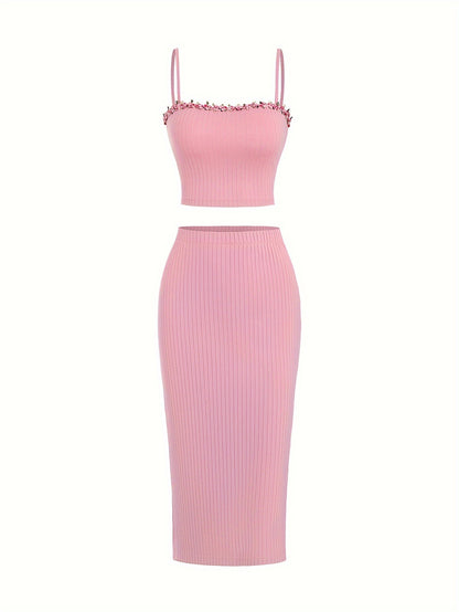 European and American Fashion Women's Spring and Summer New Product Embroidered Lace Strap Tank Top and Split Skirt Set