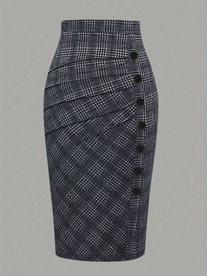 Elegant Plaid Pencil Skirt - Women's Polyester Blend High-Waisted Skirt with Button Detail, Woven Fabric, Spring/Fall Collection