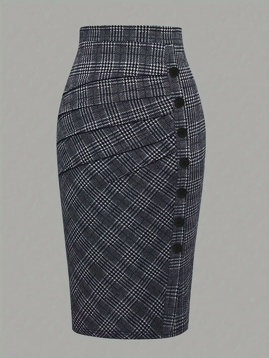 Elegant Plaid Pencil Skirt - Women's Polyester Blend High-Waisted Skirt with Button Detail, Woven Fabric, Spring/Fall Collection