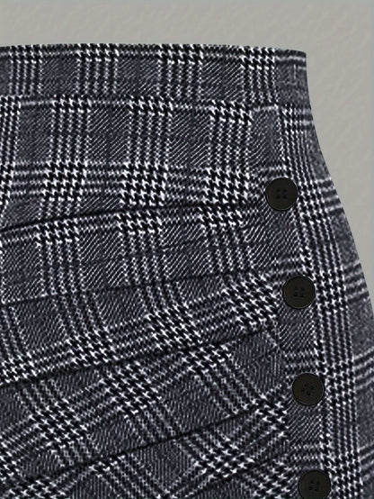 Elegant Plaid Pencil Skirt - Women's Polyester Blend High-Waisted Skirt with Button Detail, Woven Fabric, Spring/Fall Collection