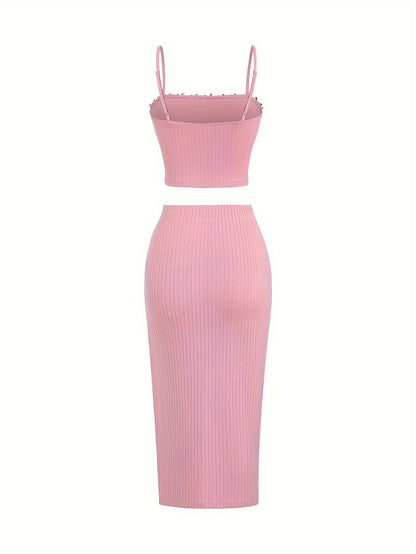 European and American Fashion Women's Spring and Summer New Product Embroidered Lace Strap Tank Top and Split Skirt Set