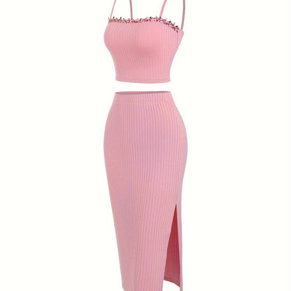 European and American Fashion Women's Spring and Summer New Product Embroidered Lace Strap Tank Top and Split Skirt Set