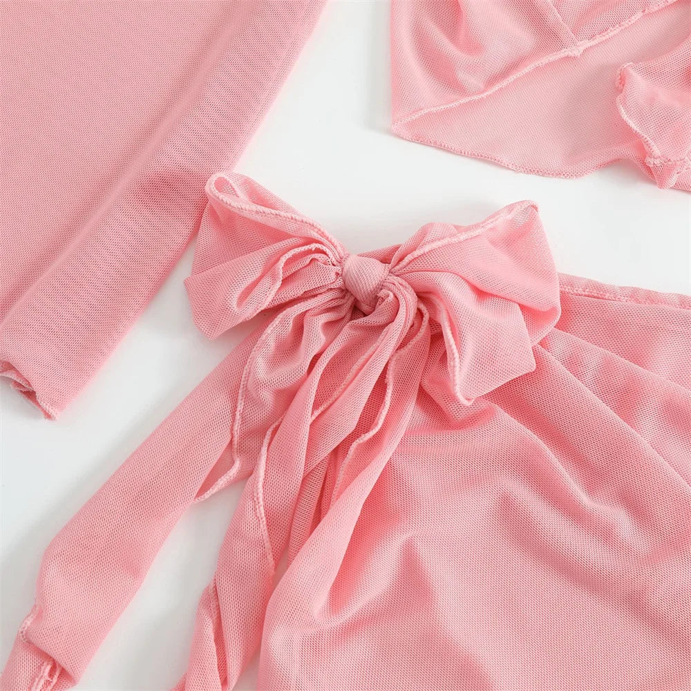 Cute Pink Bandage Swimsuit Cover-up Triangle Bikini Thong Halter Swimwear 4-Piece Trend Bikinis Beach Outfit Women Bathing Suits