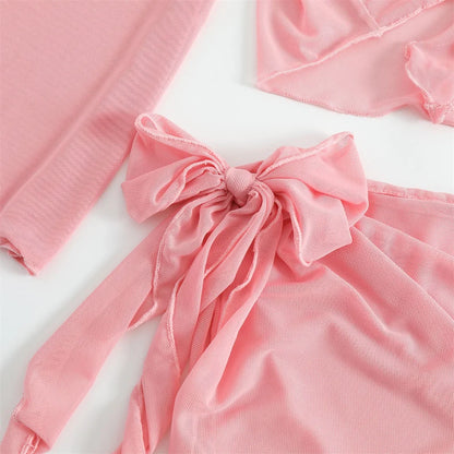 Cute Pink Bandage Swimsuit Cover-up Triangle Bikini Thong Halter Swimwear 4-Piece Trend Bikinis Beach Outfit Women Bathing Suits