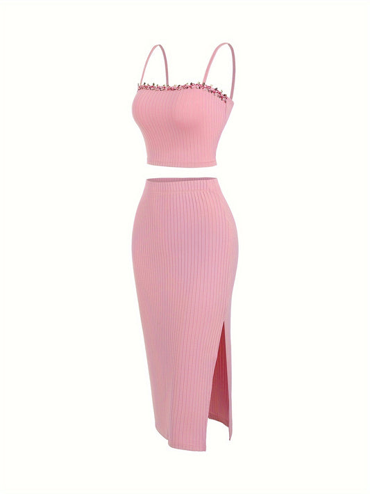 European and American Fashion Women's Spring and Summer New Product Embroidered Lace Strap Tank Top and Split Skirt Set