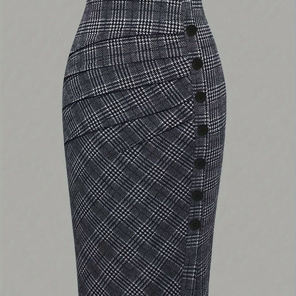 Elegant Plaid Pencil Skirt - Women's Polyester Blend High-Waisted Skirt with Button Detail, Woven Fabric, Spring/Fall Collection