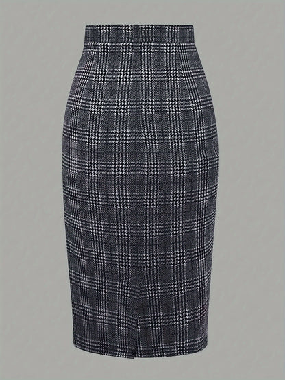 Elegant Plaid Pencil Skirt - Women's Polyester Blend High-Waisted Skirt with Button Detail, Woven Fabric, Spring/Fall Collection
